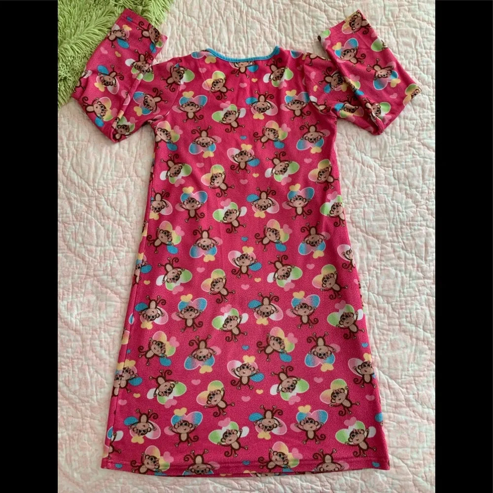 J. Khaki Nightgown Girls L 10/12 Pink Monkey Flannel Pajamas Long Sleeves Hearts